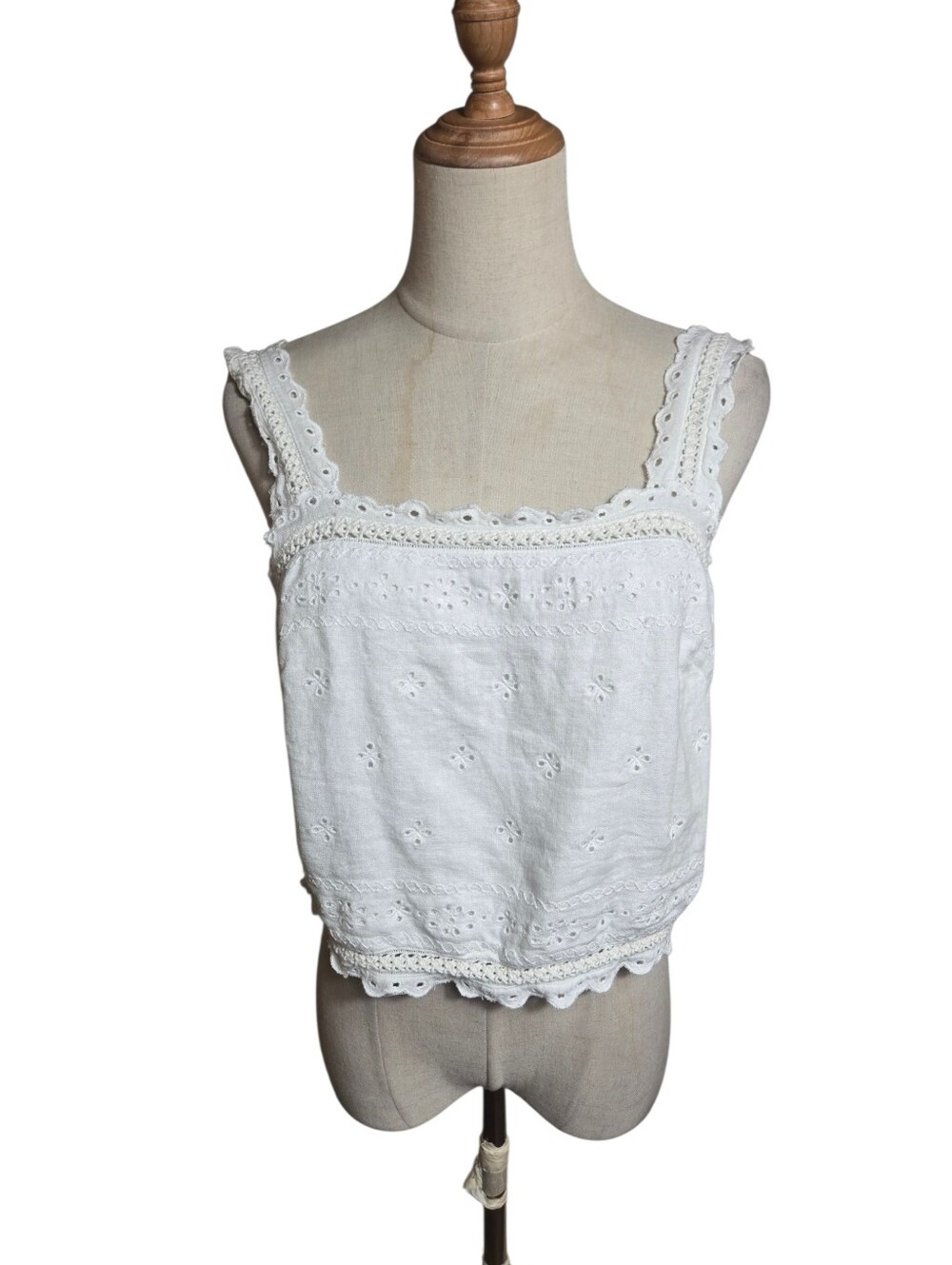 Abercrombie & Fitch White Linen Blend Eyelet Tie Back Cropped Tank Top